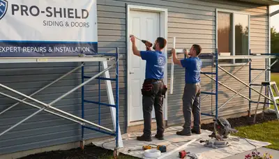 Technician repairing exterior door with vinyl siding in Vancouver, WA home