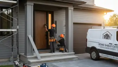 Technician repairing vinyl door frame in Vancouver WA for Next Level Exteriors door repair service