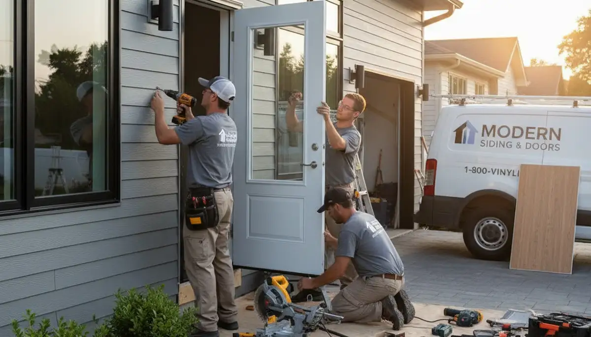 Technician repairing exterior door frame at Vancouver WA home with durable vinyl siding