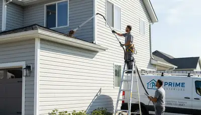 Technician performing gutter cleaning on vinyl siding home in Vancouver, WA