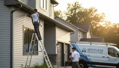Technician cleaning house gutters in Vancouver, WA for vinyl siding protection and water damage prevention