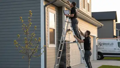 Technician performing gutter inspection on vinyl siding home in Vancouver, WA