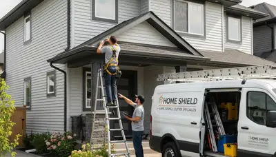 Technician performing gutter repair on vinyl siding home in Vancouver, WA