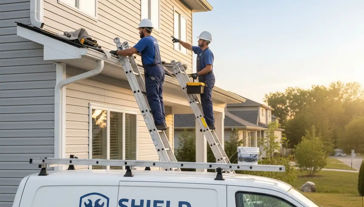 Technician performing gutter repair on home exterior in Vancouver, WA with vinyl siding