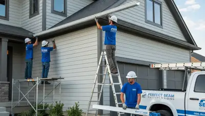 Technician installing seamless gutters on vinyl siding home in Vancouver WA