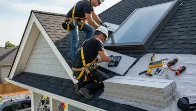 Technician repairing skylight on vinyl siding home in Vancouver WA after rain leak