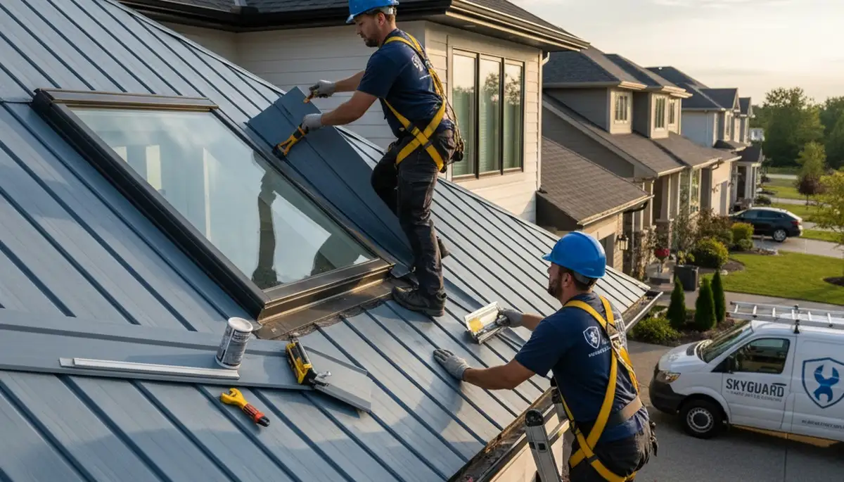 Technician repairing skylight on vinyl-sided home in Vancouver, WA for Next Level Exteriors