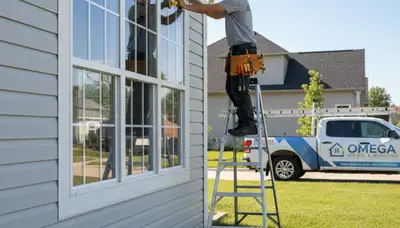 Technician repairing home window seal and frame in Vancouver, WA for Next Level Exteriors